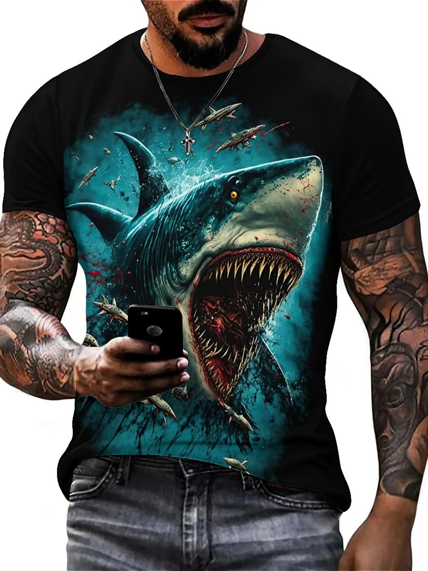 Men's 3D Shark Print T-Shirt - - 3D Printing Designing บทวิจารณ์และราคา