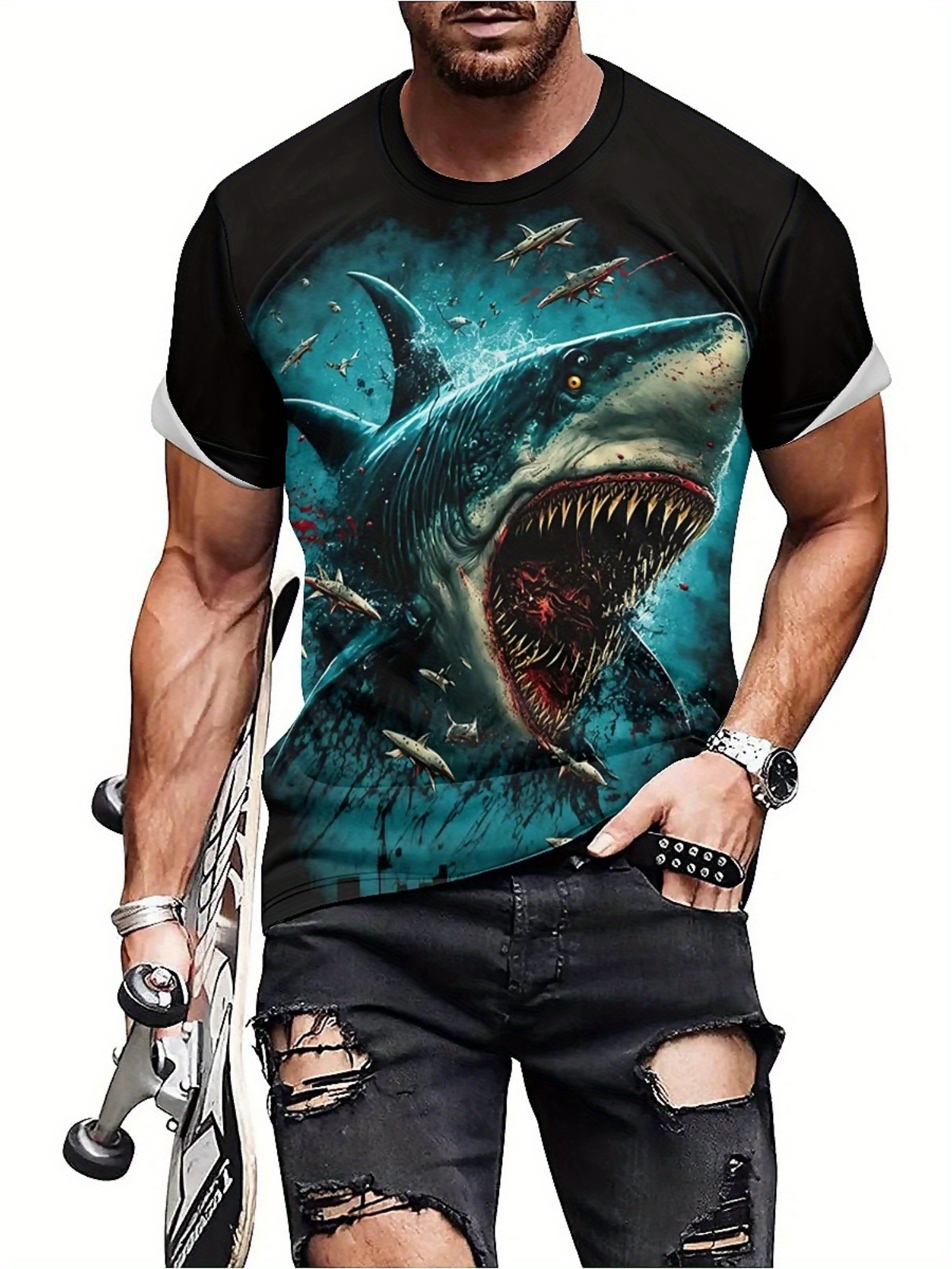 Men's 3D Shark Print T-Shirt - - 3D Printing Designing บทวิจารณ์และราคา
